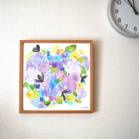 水彩画ポスター(30cm×30cm )「ハグロトンボと紫陽花」 5枚目の画像