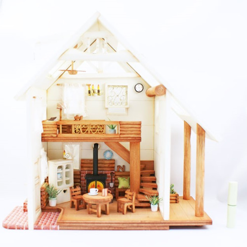 ドールハウス/ミニチュア/ハンドメイド② ミニチュア／オープンデッキのある二階建てログハウス（送料無料
