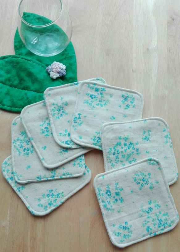 リネンガーゼコースター(3枚set)【ブルーフラワー】2枚setよりお