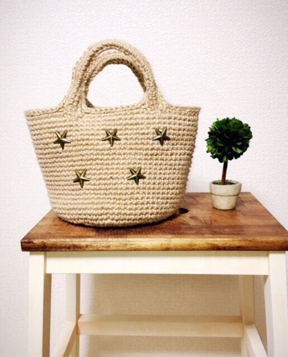 星】麻ひもバッグ☆星スタッズ・アンティークゴールド 【S】 かご