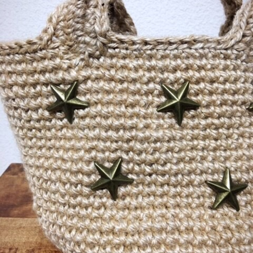 ハンドメイド　カゴバッグ　ゴールドスタッズ 星】麻ひもバッグ☆星スタッズ・アンティークゴールド 【S】 かご