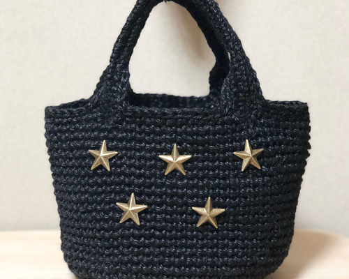 S】麻ひもバッグ☆星スタッズ・アンティークゴールド黒 トートバッグ