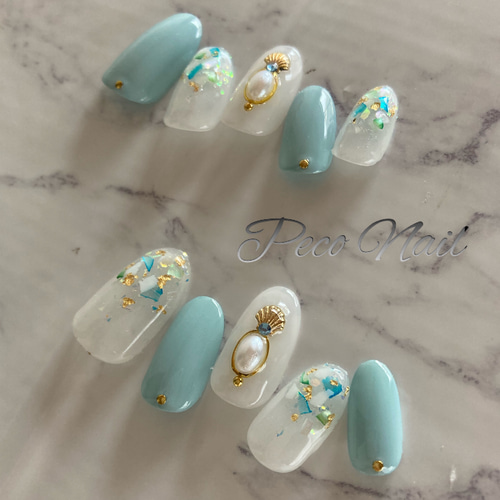 スモーキーブルー×シェル＊ネイルチップ ネイルチップ（つけ爪） Peco  