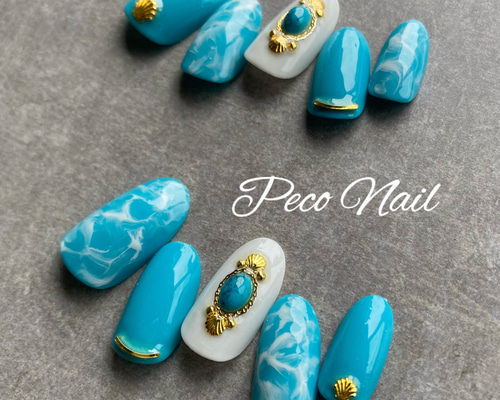 マーブル×ターコイズ＊ネイルチップ ネイルチップ（つけ爪） Peco Nail