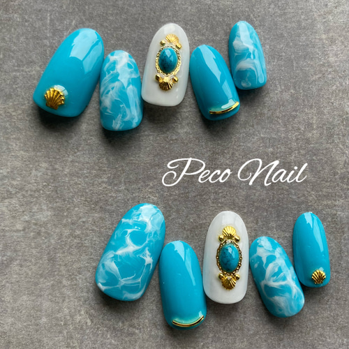 マーブル×ターコイズ＊ネイルチップ ネイルチップ（つけ爪） Peco Nail