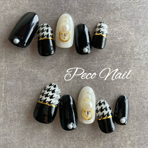 千鳥柄×ブラック＊ネイルチップ ネイルチップ（つけ爪） Peco