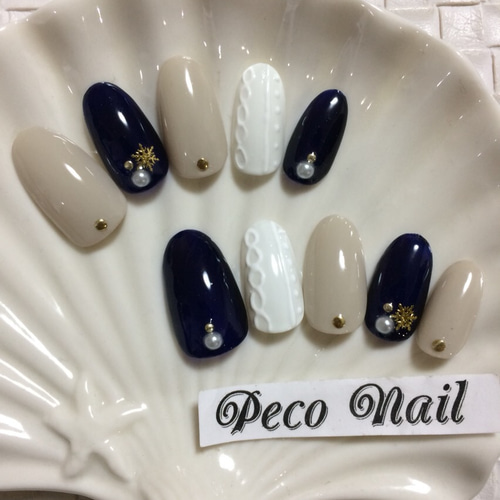 ネイビー×ニット☆ネイルチップ ネイルチップ（つけ爪） Peco Nail