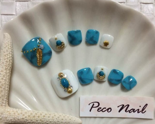 【314】オーダー❉ターコイズブルー 大理石 トルコ石 夏ネイル フットチップ 314】オーダー❉ターコイズブルー 大理石 トルコ石 夏ネイル