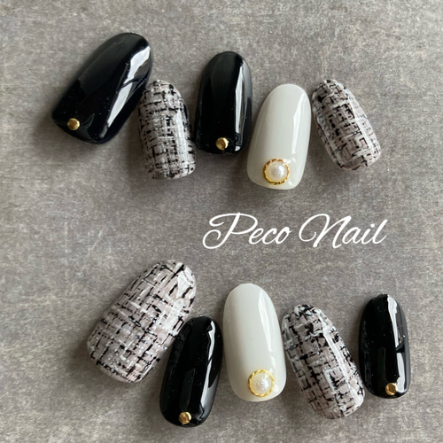 ツイード柄×ブラック☆ネイルチップ ネイルチップ（つけ爪