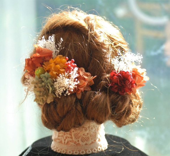 成人式 髪飾り　しっとり茜色オレンジのお花のセット　プリザーブドフラワー　着物　卒業式　ヘッドドレス　和 3枚目の画像