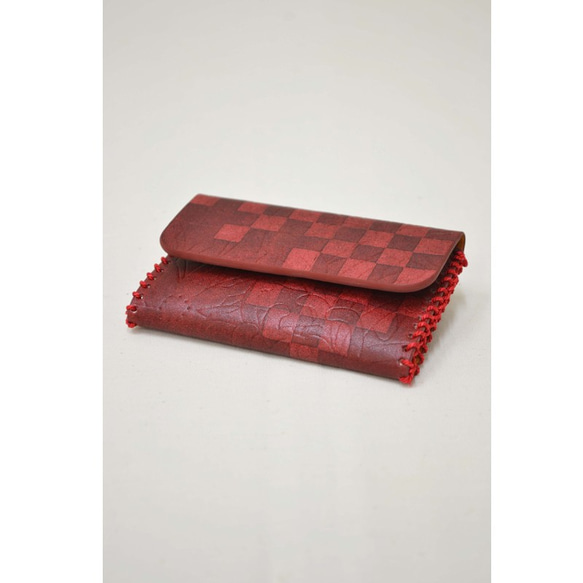 手工繪製的Yuzen染色皮革名片夾菊花紅色定做 第2張的照片