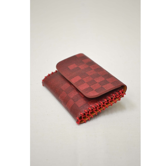 手工繪製的Yuzen染色皮革名片夾菊花紅色定做 第3張的照片