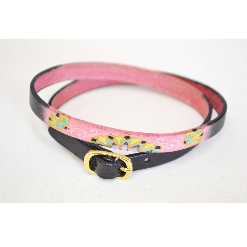 手描友禅染の革バングル「菊唐草」ブラック 受注生産