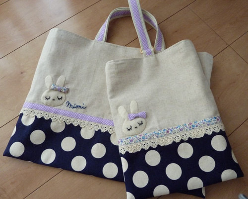 入園に♬うさぎのみみちゃんレッスンバック＆シューズケース♬紺