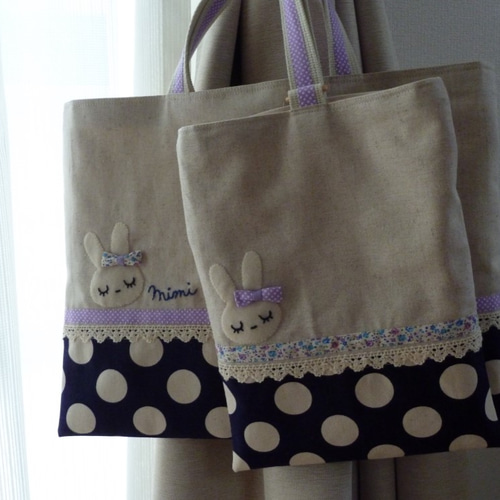 入園に♬うさぎのみみちゃんレッスンバック＆シューズケース♬紺