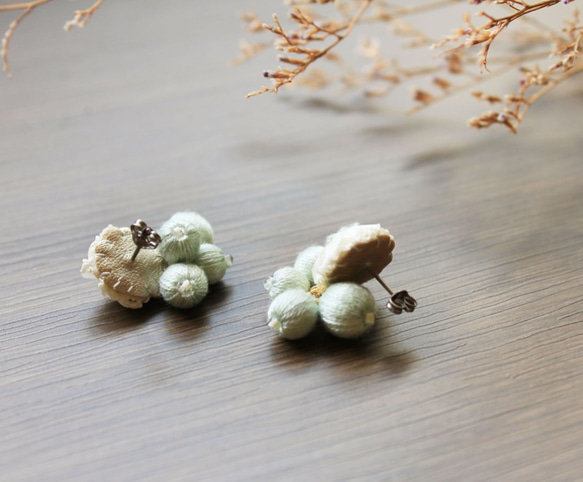 リボン刺繍の花と巻き玉ピアス【mint】イヤリングも変更可 3枚目の画像