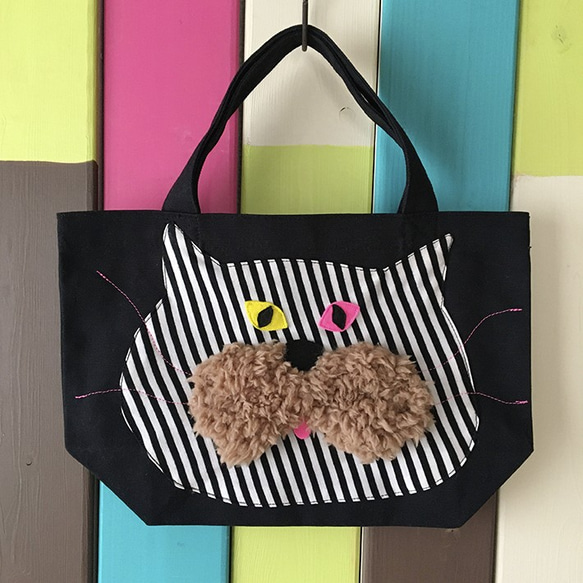shima nyan_Bag_S/トートバッグ 猫 黒 ピンク ミニ ランチ 散歩 リンク 出産祝い プレゼント ギフト 2枚目の画像