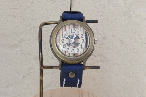 手工手錶Via Latina（豎條紋復古紋&amp;海軍藍） 第3張的照片