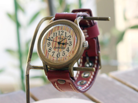 手作り腕時計　Via Aurelia(縦縞レトロ模様 & Red) 1枚目の画像