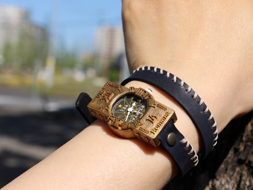 手作り腕時計　Via Salaria(十字架アンティーク時計Black & Black２重巻きベルト)