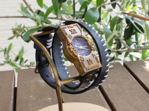 手作り腕時計　Via Salaria(十字架アンティーク時計Blue & Dark Blue２重巻きベルト) 3枚目の画像