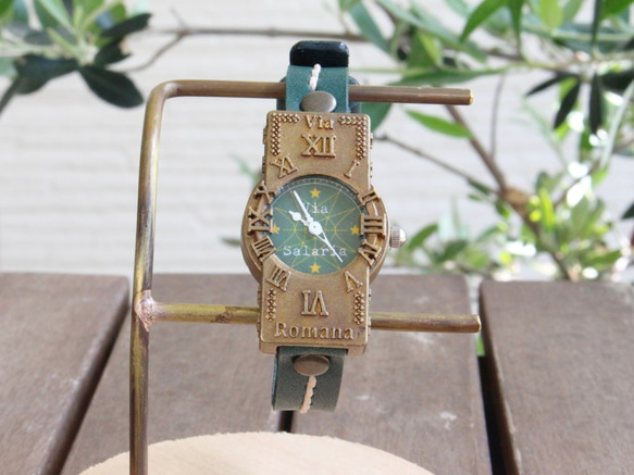 手作り腕時計　Via Salaria(十字架アンティーク時計Green & Greenシングルベルト) 2枚目の画像