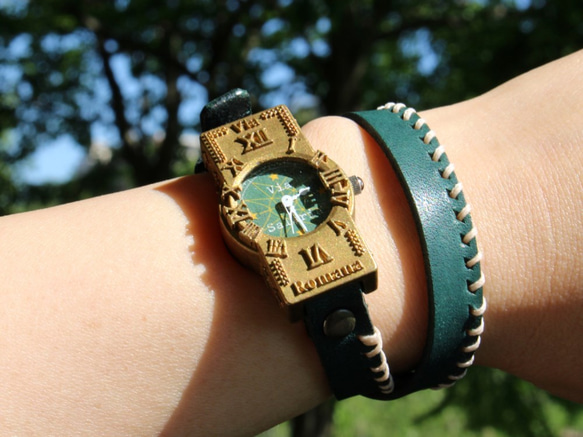 手作り腕時計　Via Salaria(十字架アンティーク時計Green & Green２重巻きベルト) 1枚目の画像