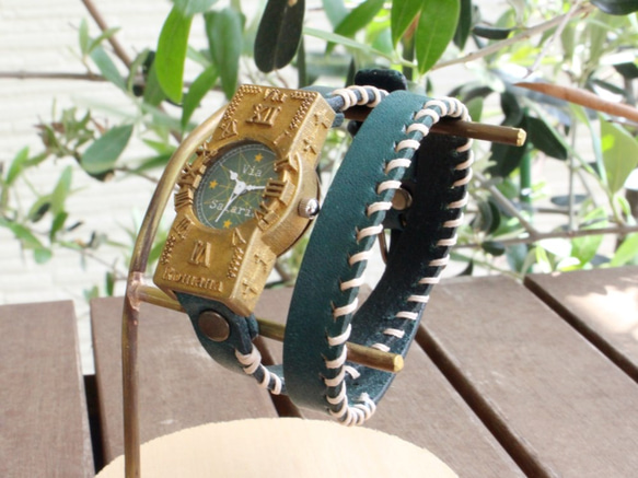 手作り腕時計　Via Salaria(十字架アンティーク時計Green & Green２重巻きベルト) 2枚目の画像