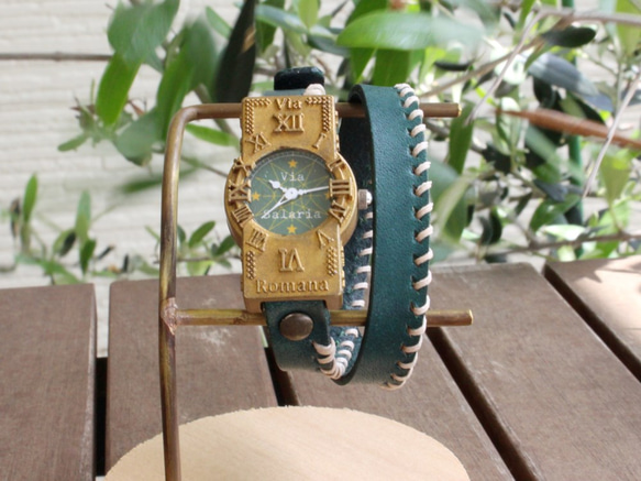 手作り腕時計　Via Salaria(十字架アンティーク時計Green & Green２重巻きベルト) 3枚目の画像