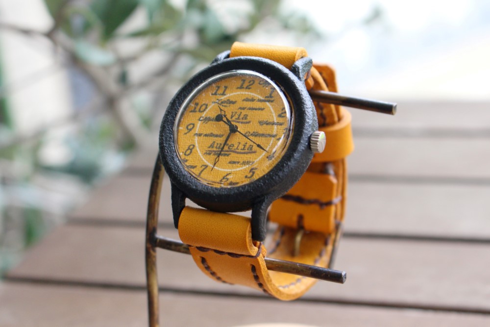 手作り腕時計【金属アレルギー対応】Via Aurelia(ストーンケースBlack&Brown Brownベルト)