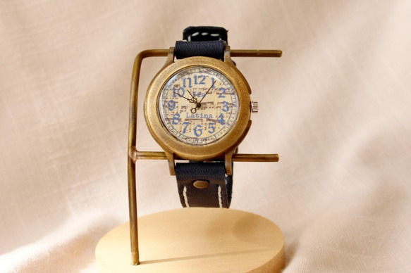 手作り腕時計　Via Latina(レトロ楽譜文字盤 & Navy Blue) 3枚目の画像