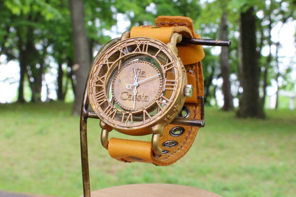手作り腕時計　Via Cassia(アンティークケース スケルトン文字盤 & Brown) 1枚目の画像