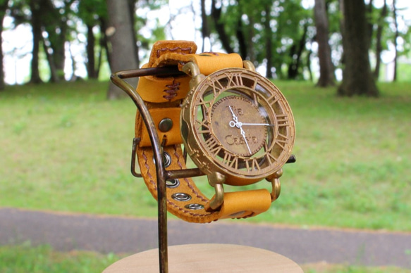 手作り腕時計　Via Cassia(アンティークケース スケルトン文字盤 & Brown) 2枚目の画像