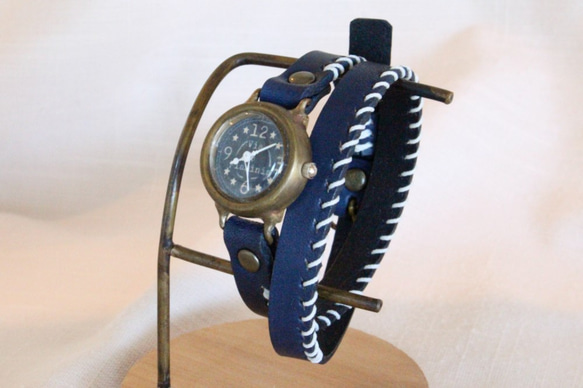 手作り腕時計　Via Flaminia(Blue & Navy Blue 2重巻きベルト) 2枚目の画像