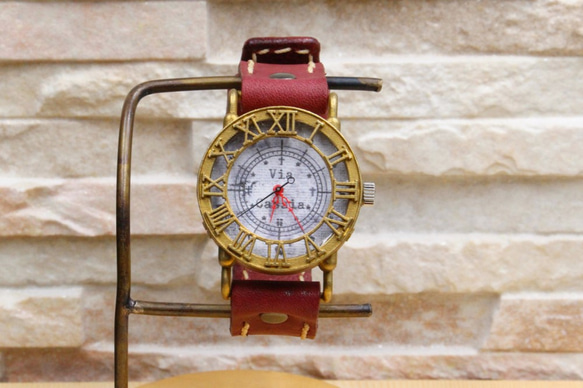 手作り腕時計　Via Cassia（M）　(アンティークケース Gray文字盤 & Red) 4枚目の画像