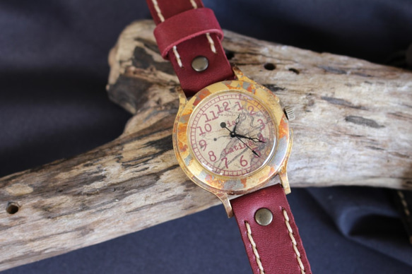 手工手錶 Via Latina (鍍金框復古地圖表盤&amp;紅色) 第4張的照片