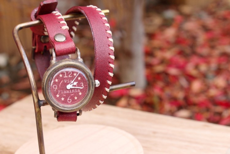 手作り腕時計　Via Flaminia(Red&Red 2重巻きベルト)