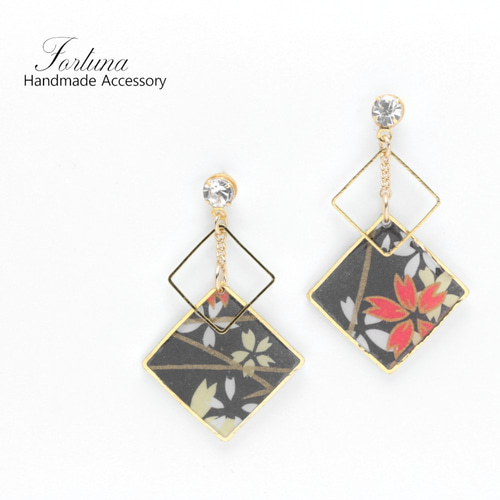ダブルスクエア~黒花~(393) ピアス/ノンホールピアス/樹脂ピアス 