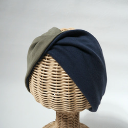 Babushka Style Hair Turban ☆ Soft Knit Navy x Khaki 第3張的照片