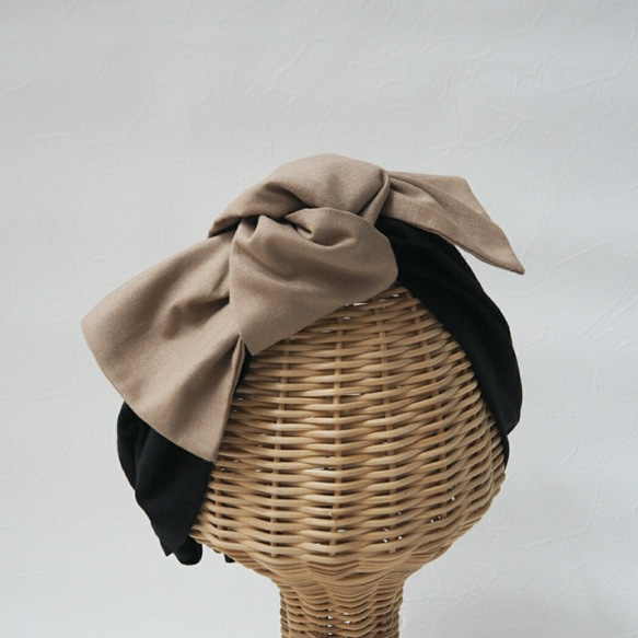 兩用髮巾（繫帶款）☆ 棉麻黑色 x 咖啡米色 第1張的照片