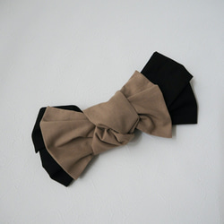 兩用髮巾（繫帶款）☆ 棉麻黑色 x 咖啡米色 第2張的照片