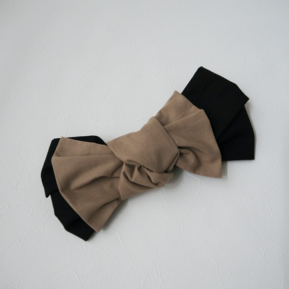 兩用髮巾（繫帶款）☆ 棉麻黑色 x 咖啡米色 第2張的照片
