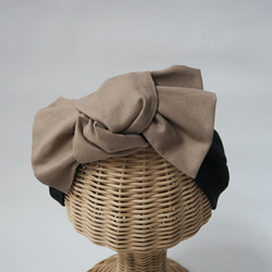 兩用髮巾（繫帶款）☆ 棉麻黑色 x 咖啡米色 第3張的照片