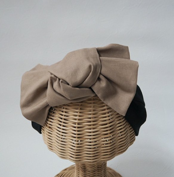 兩用髮巾（繫帶款）☆ 棉麻黑色 x 咖啡米色 第3張的照片