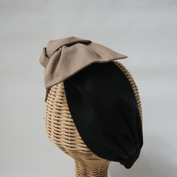 兩用髮巾（繫帶款）☆ 棉麻黑色 x 咖啡米色 第4張的照片