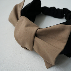 兩用髮巾（繫帶款）☆ 棉麻黑色 x 咖啡米色 第5張的照片