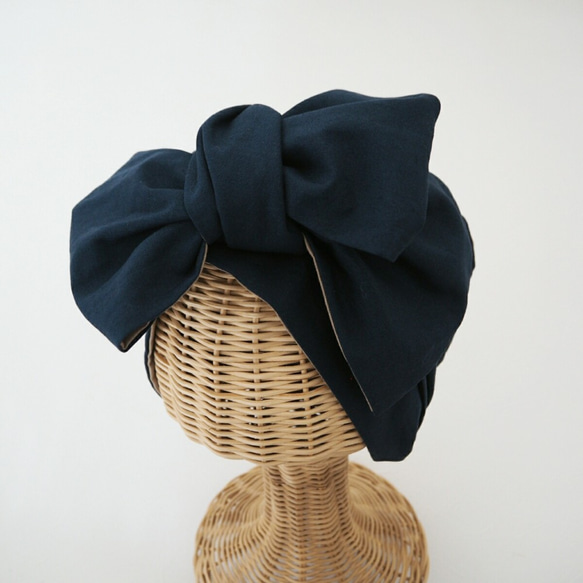 可隨意繫起的頭巾☆海軍藍×米色 第1張的照片