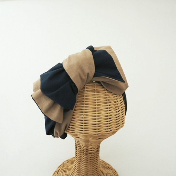 可隨意繫起的頭巾☆海軍藍×米色 第2張的照片