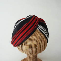 頭髮頭巾（結）☆針織的條紋的邊界紅色x木炭灰色 第3張的照片