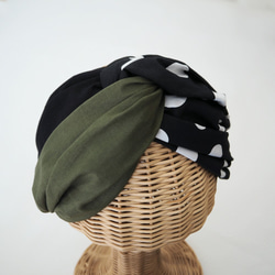 寬針織頭巾（繫帶）☆卡其色 x 黑色 x 波點 第5張的照片